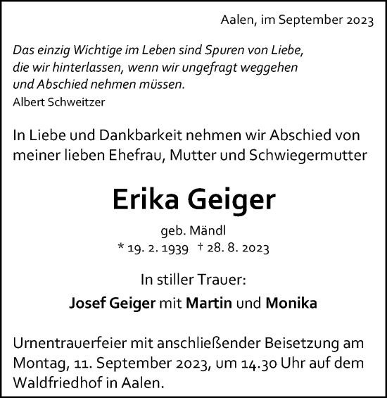 Traueranzeige von Erika Geiger von Schwäbische Post