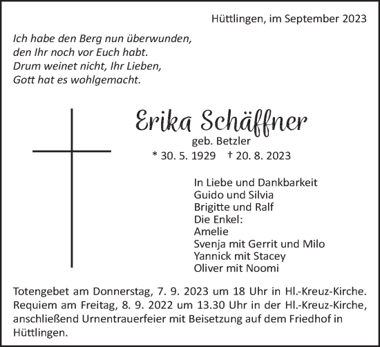 Traueranzeige von Erika Schaffner von Schwäbische Post