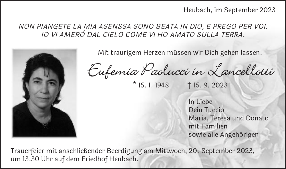  Traueranzeige für Eufemia Paolucci in Lancelotti vom 19.09.2023 aus Gmünder Tagespost
