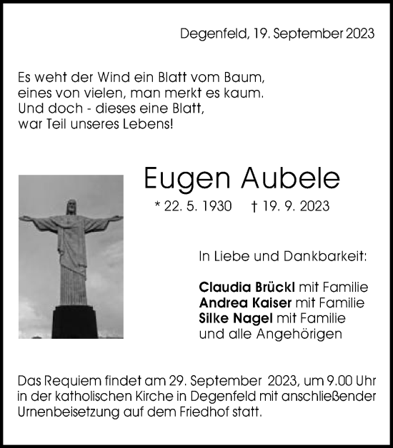Traueranzeige von Eugen Aubele von Gmünder Tagespost