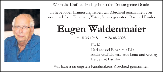 Traueranzeige von Eugen Waldenmaier von Gmünder Tagespost