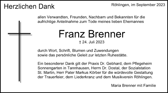 Traueranzeige von Franz Brenner von Schwäbische Post