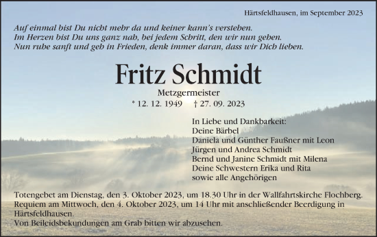 Traueranzeige von Fritz Schmidt von Schwäbische Post