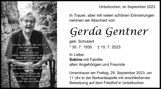 Traueranzeige von Gerda Gentner von Schwäbische Post