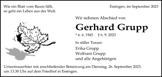 Traueranzeige von Gerhard Grupp von Schwäbische Post