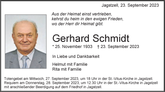 Traueranzeige von Gerhard Schmidt von Schwäbische Post