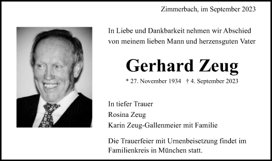 Traueranzeige von Gerhard Zeug von Gmünder Tagespost