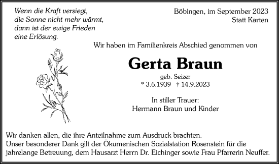 Traueranzeige von Gerta Braun von Gmünder Tagespost