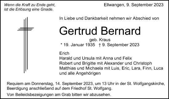 Traueranzeige von Gertrud Bernard