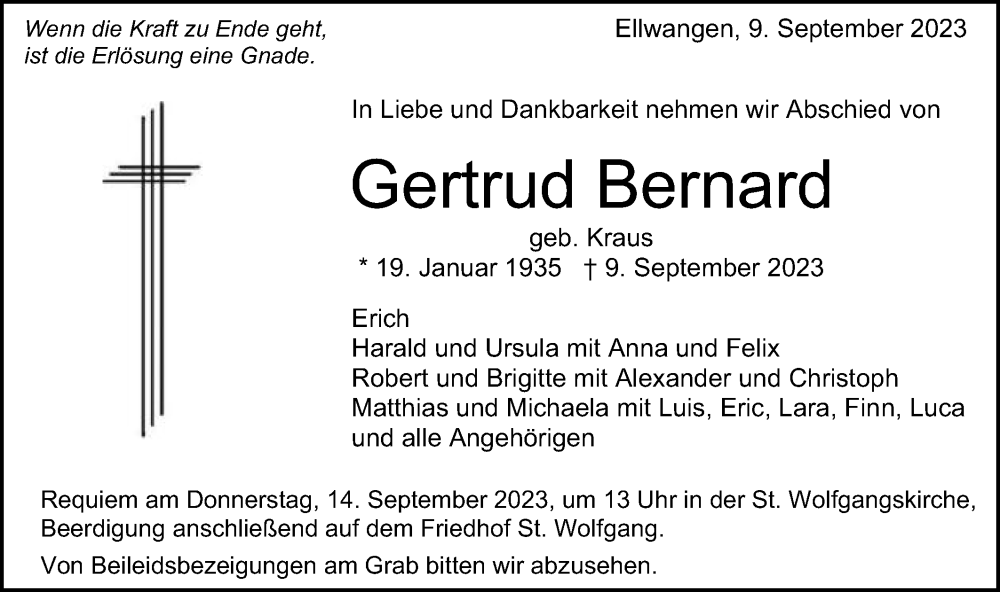  Traueranzeige für Gertrud Bernard vom 12.09.2023 aus Schwäbische Post