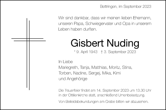 Traueranzeige von Gisbert Nuding von Gmünder Tagespost