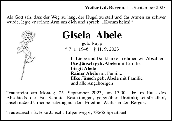 Traueranzeige von Gisela Abele von Gmünder Tagespost