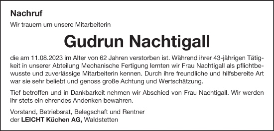 Traueranzeige von Gudrun Nachtigall von Gmünder Tagespost