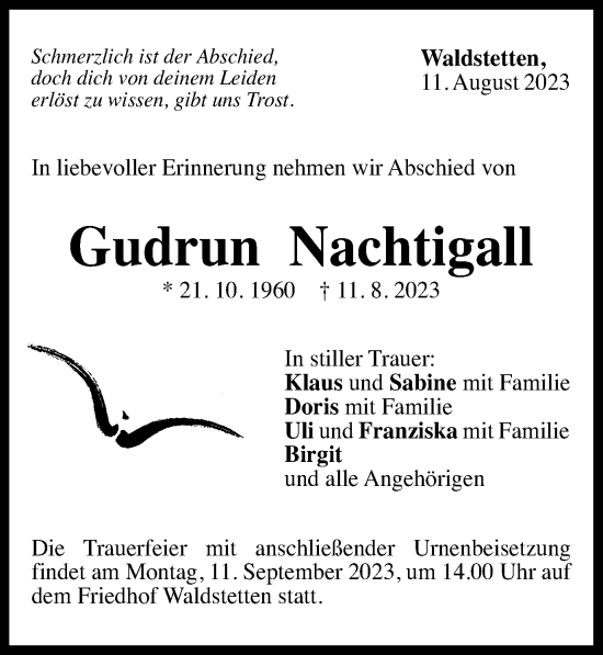 Traueranzeige von Gudrun Nachtigall von Gmünder Tagespost