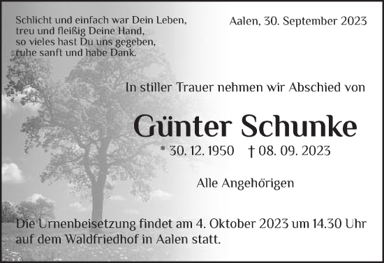 Traueranzeige von Günter Schunke von Schwäbische Post