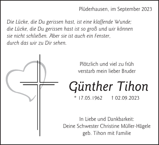 Traueranzeige von Günther Tihon von Gmünder Tagespost