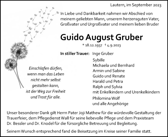 Traueranzeige von Guido August Gruber von Gmünder Tagespost