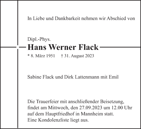 Traueranzeige von Hans Werner Flack von Schwäbische Post