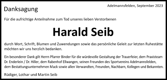 Traueranzeige von Harald Seib von Schwäbische Post