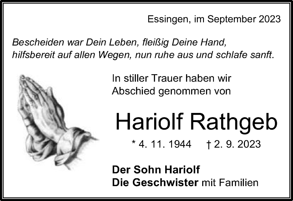  Traueranzeige für Hariolf Rathgeb vom 14.09.2023 aus Schwäbische Post