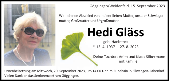 Traueranzeige von Hedi Gläss von Schwäbische Post