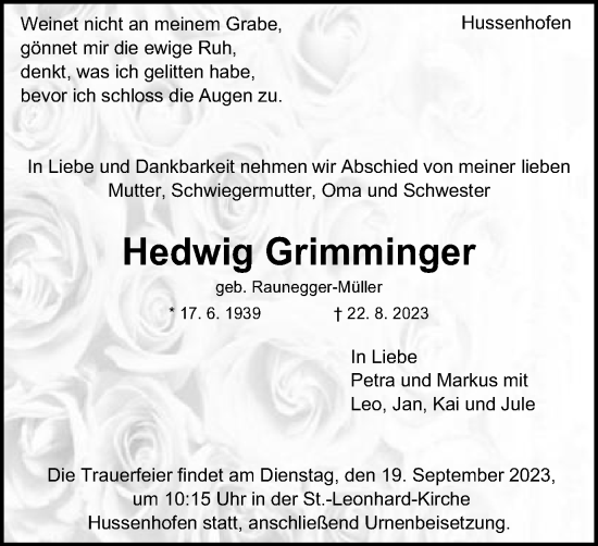 Traueranzeige von Hedwig Grimminger von Gmünder Tagespost