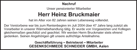 Traueranzeige von Heinz Bruckmaier von Schwäbische Post