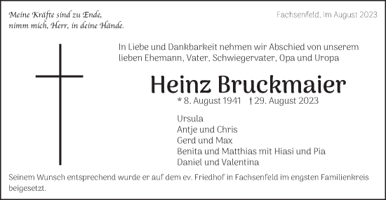 Traueranzeige von Heinz Bruckmaier von Schwäbische Post