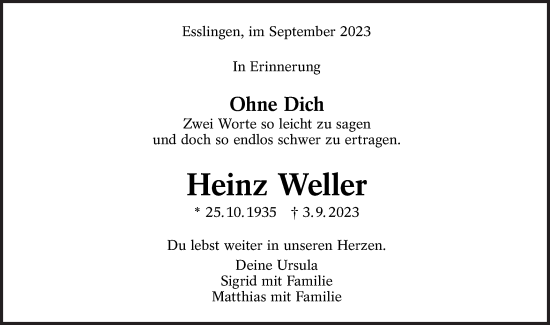 Traueranzeige von Heinz Weller von Schwäbische Post