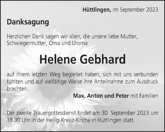 Traueranzeige von Helene Gebhard von Schwäbische Post