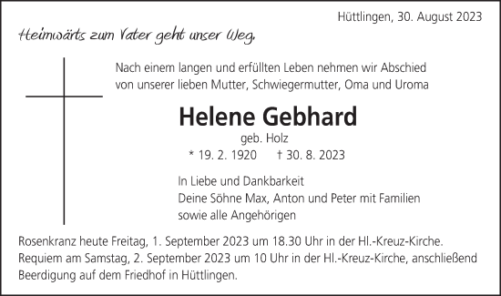 Traueranzeige von Helene Gebhard von Schwäbische Post