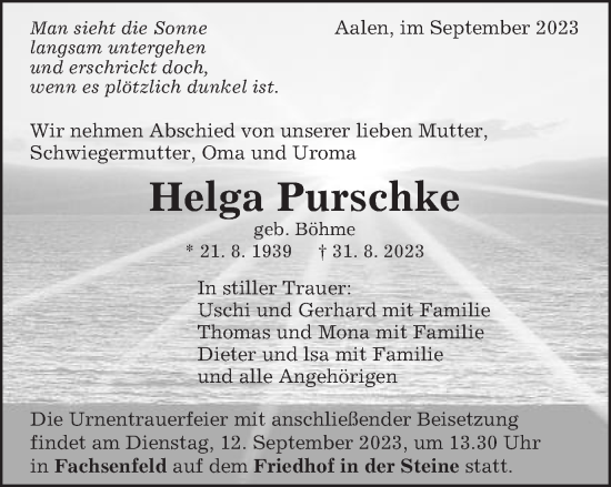 Traueranzeige von Helga Purschke von Schwäbische Post