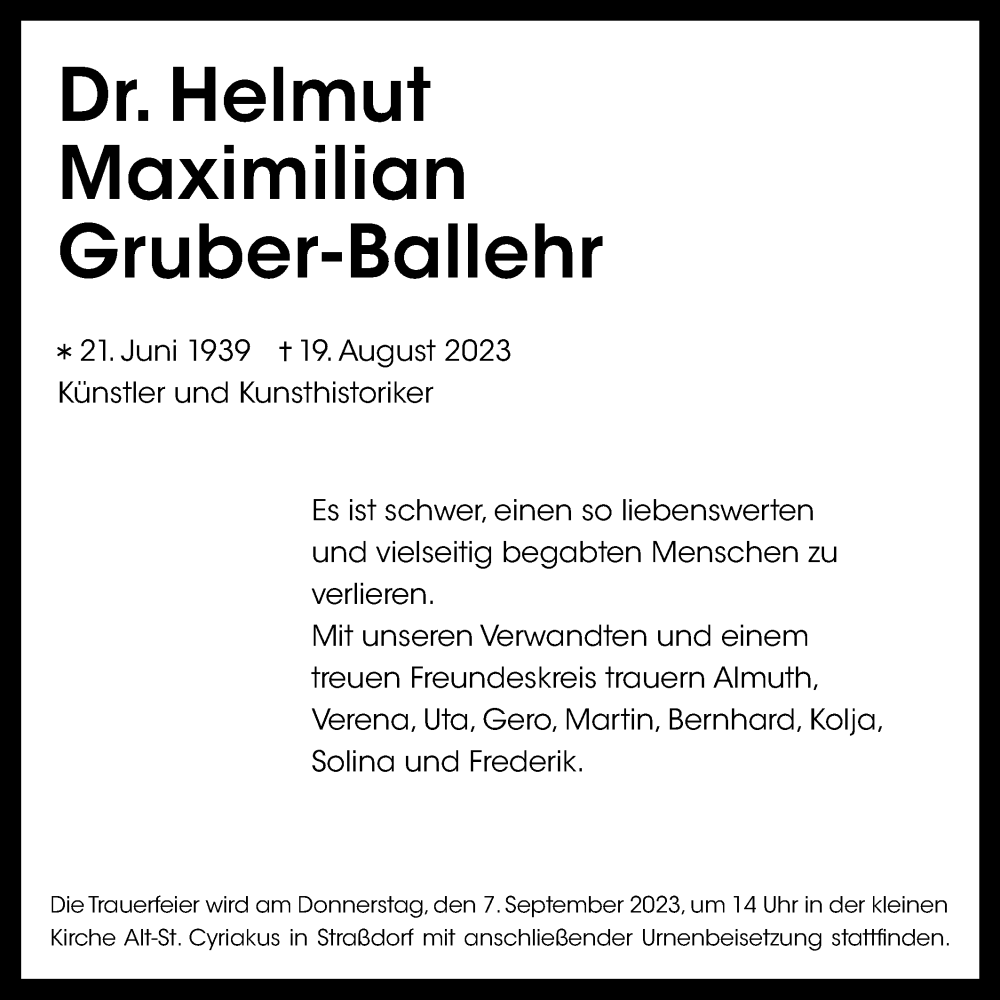  Traueranzeige für Helmut Maximilian Gruber-Ballehr vom 01.09.2023 aus Gmünder Tagespost