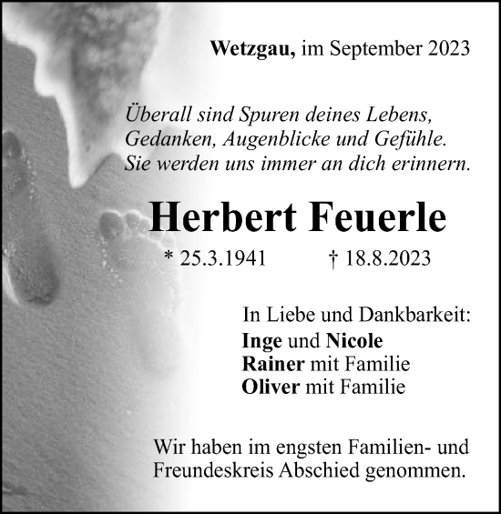 Traueranzeige von Herbert Feuerle von Gmünder Tagespost