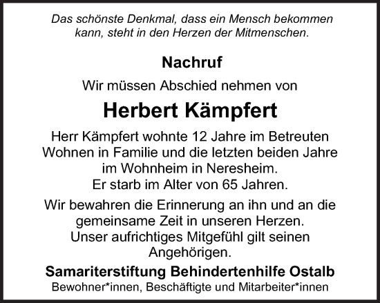 Traueranzeige von Herbert Kämpfert von Schwäbische Post