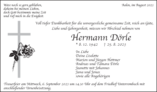 Traueranzeige von Hermann Dörle von Schwäbische Post