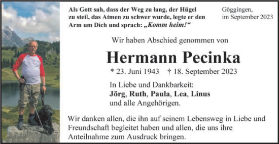 Traueranzeige von Hermann Pecinka von Gmünder Tagespost
