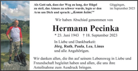 Traueranzeige von Hermann Pecinka