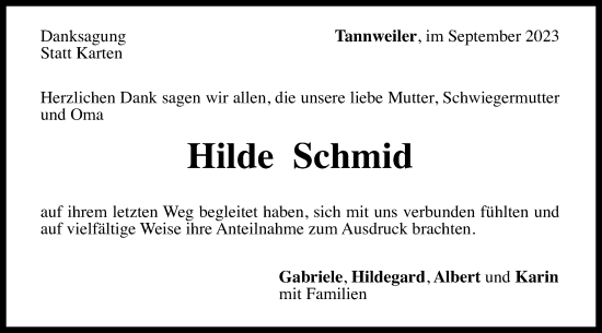 Traueranzeige von Hilde Schmid von Gmünder Tagespost