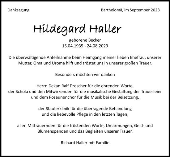 Traueranzeige von Hildegard Haller von Schwäbische Post