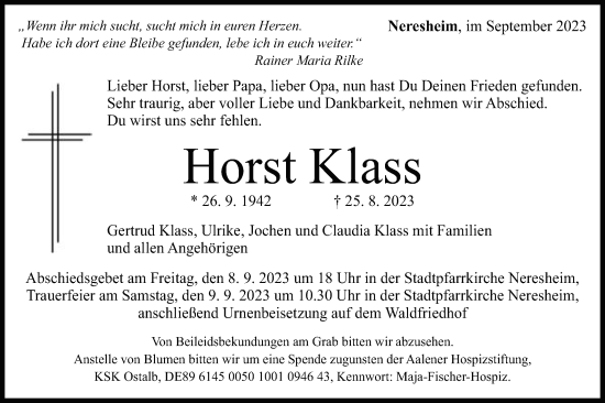 Traueranzeige von Horst Klass von Schwäbische Post