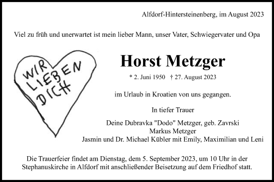 Traueranzeige von Horst Metzger von Gmünder Tagespost