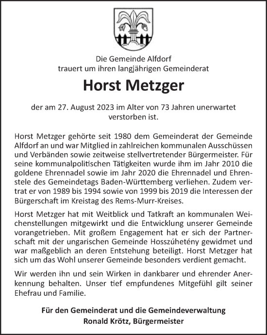 Traueranzeige von Horst Metzger von Gmünder Tagespost