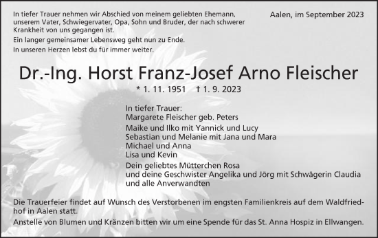Traueranzeige von Horst Franz-Josef Arno Fleischer von Schwäbische Post