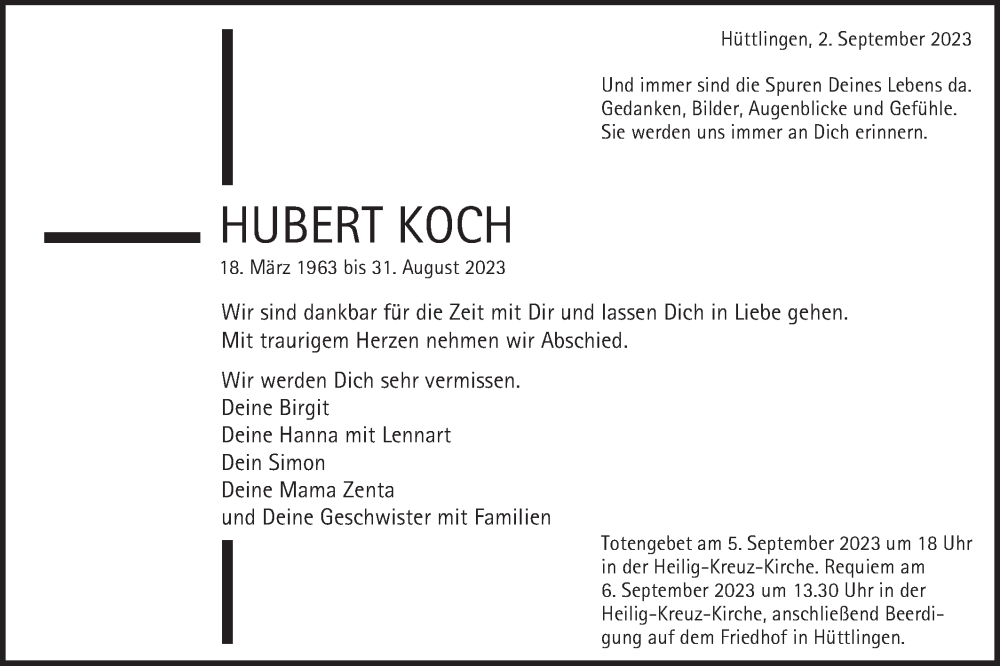  Traueranzeige für Hubert Koch vom 02.09.2023 aus Schwäbische Post