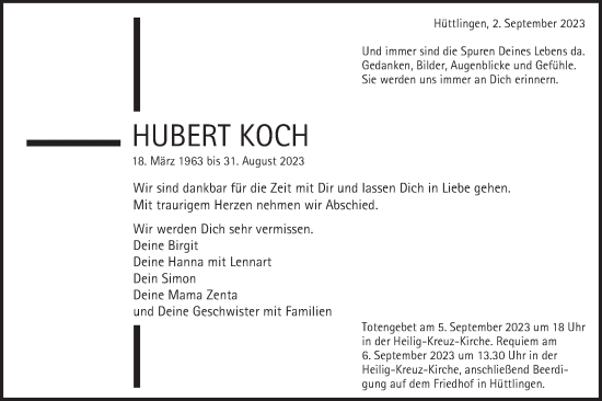 Traueranzeige von Hubert Koch von Schwäbische Post