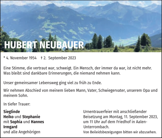 Traueranzeige von Hubert Neubauer von Schwäbische Post