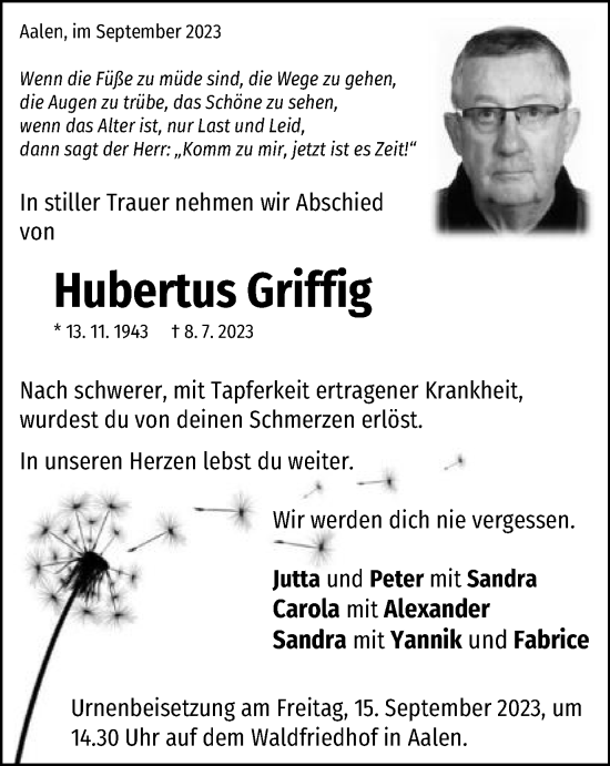 Traueranzeige von Hubertus Griffig von Schwäbische Post