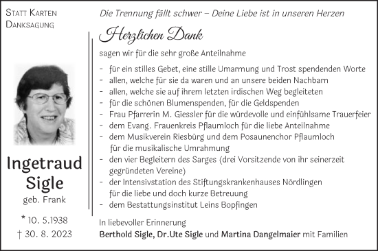Traueranzeige von Ingetraud Sigle von Schwäbische Post