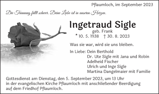 Traueranzeige von Ingetraud Sigle von Schwäbische Post